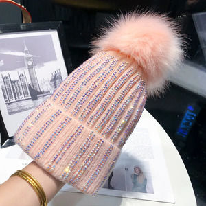 Pink Womens Faux Fur Pompom Rhinestones Beads Beanie Turn Up Knit Hat